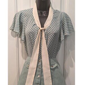 SHEIN Teal Polka Dot Blouse With Neck Tie (Women's Size M)